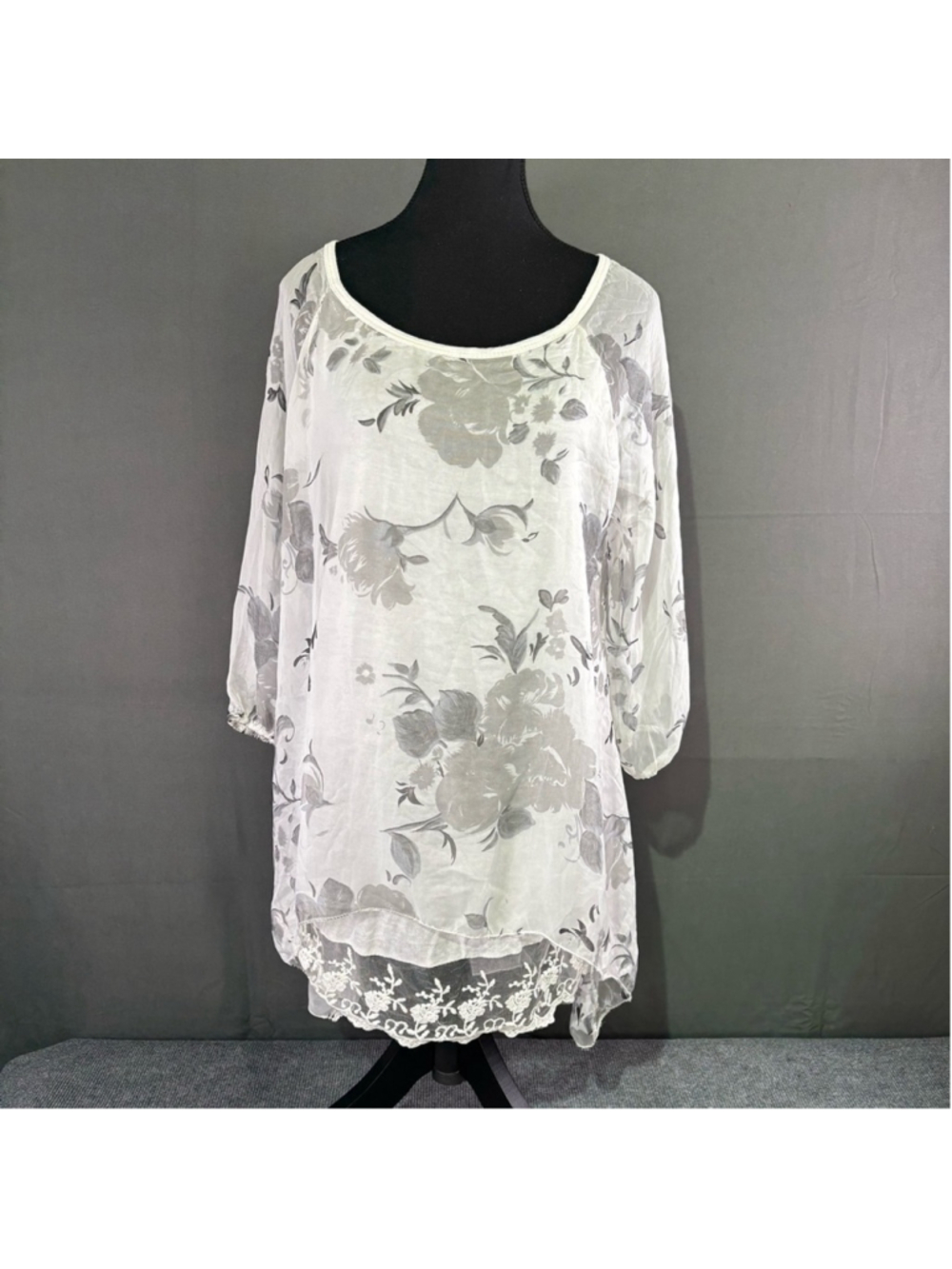 Made Italy Silk Lagenlook Tunic Blouse Women L Relaxed Cottagecore Floral White